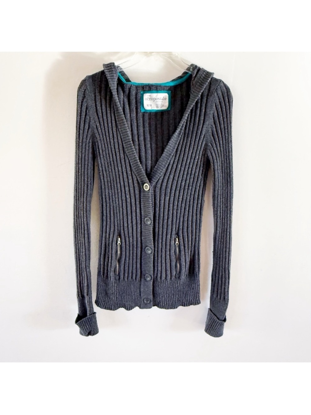 Vintage Aeropostale Women Y2K Hooded Ribbed Cardigan Medium Grunge Indie Casual